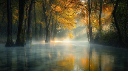 Obraz premium Misty autumn morning in a flooded forest with golden sunlight.