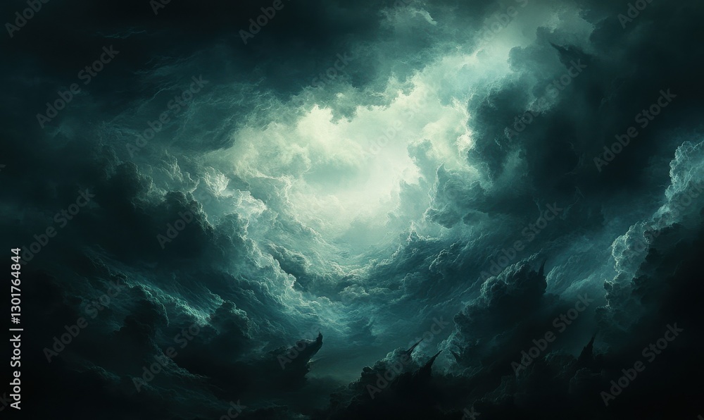 Poster dramatic storm clouds gathering over a distant landscape, illuminated by diffused light breaking thr