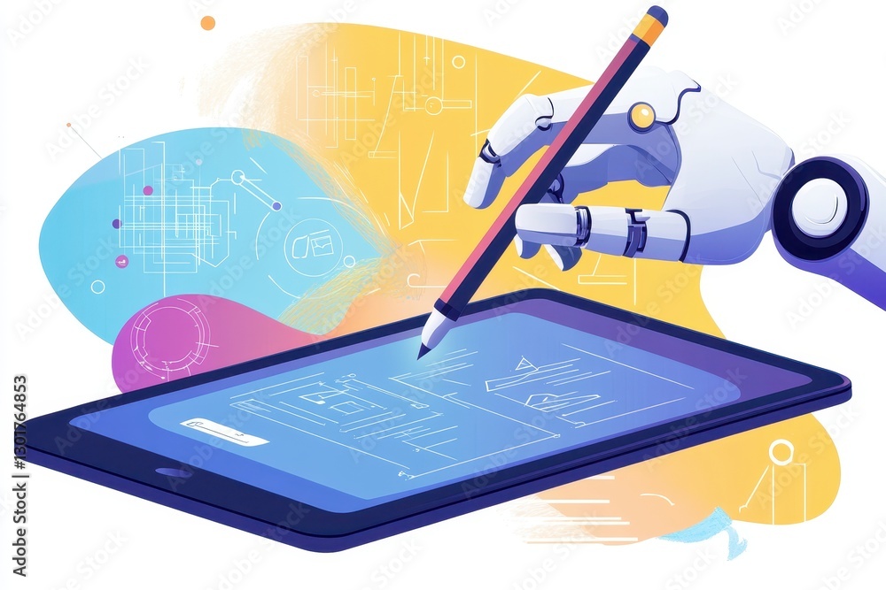 Poster innovative digital design process using a robotic hand to create plans on a tablet screen. generativ