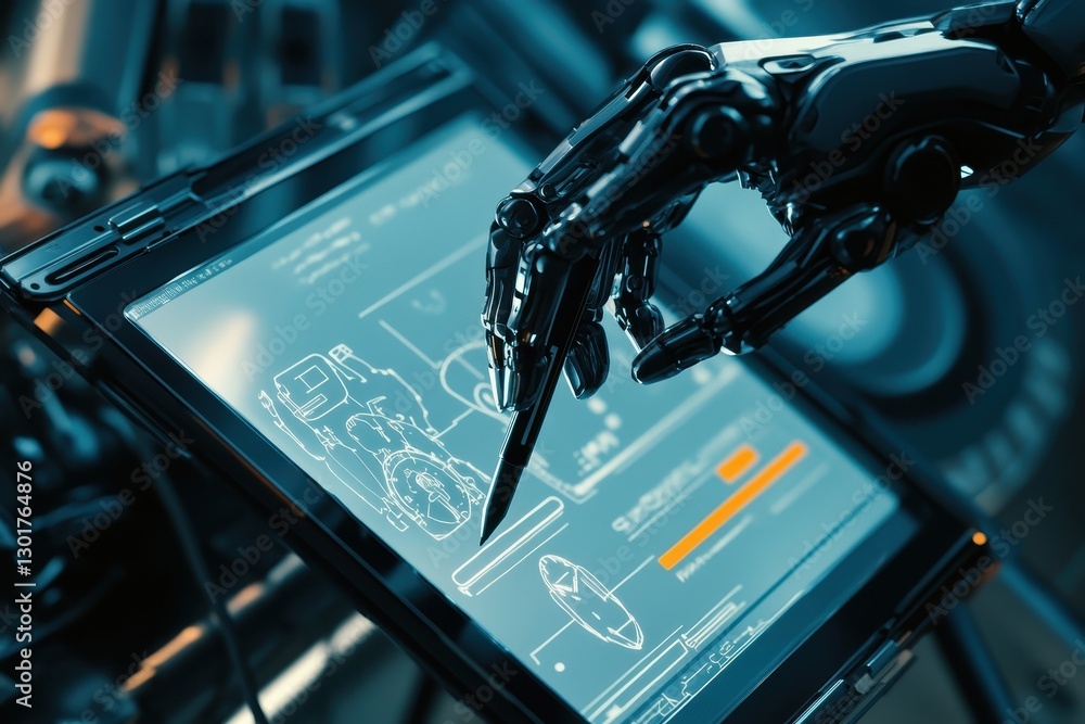 Poster futuristic robotic hand interacts with advanced touchscreen interface revealing intricate blueprints