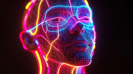 World Creativity and Innovation concept week Futuristic digital face with neon lines.