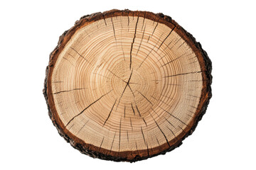 Fototapeta premium Circular wooden log slice showcasing growth rings, cut out