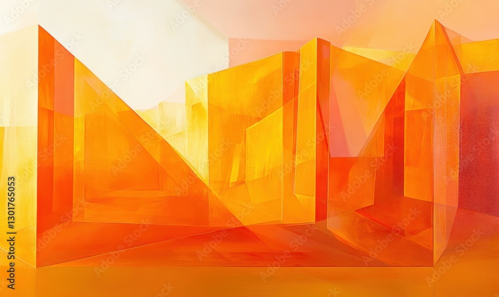 Poster dynamic abstract composition of vibrant orange geometric shapes arranged in layers, softly illuminat