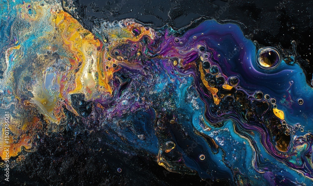 Poster droplet of oil creating colorful iridescent patterns on a dark surface, with intricate abstract text
