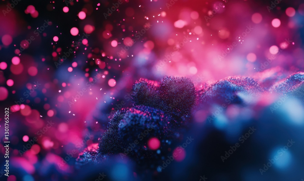 Poster dynamic bokeh lights glowing in vibrant pink and blue tones, creating a festive and magical atmosphe