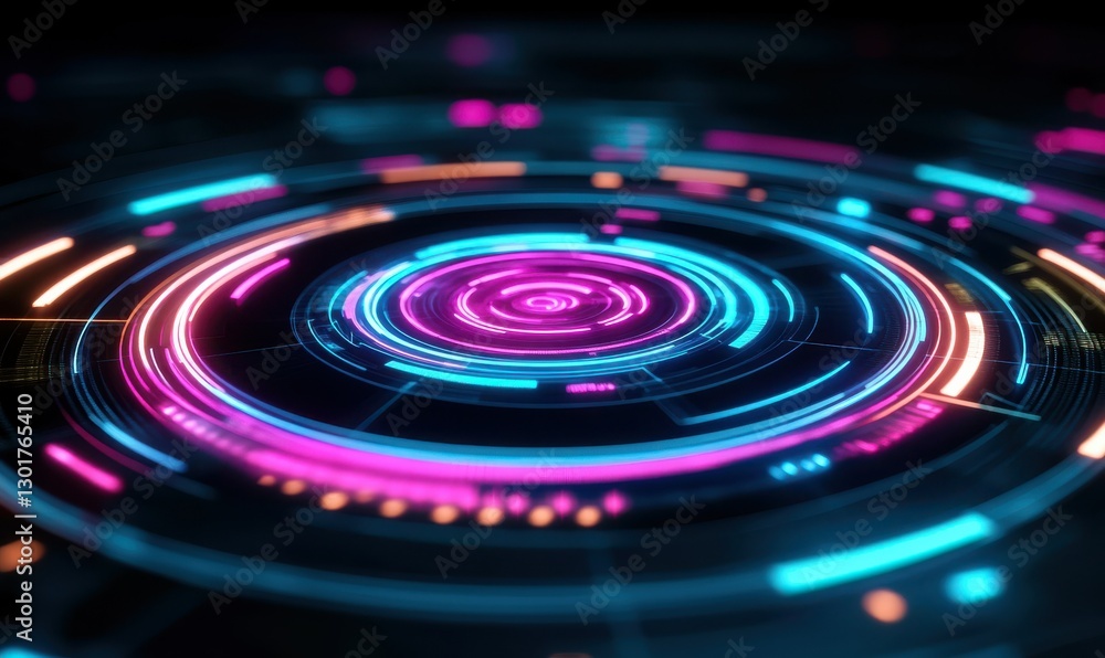 Poster dynamic futuristic data interface glowing in neon colors, symbolizing technological advancement and 