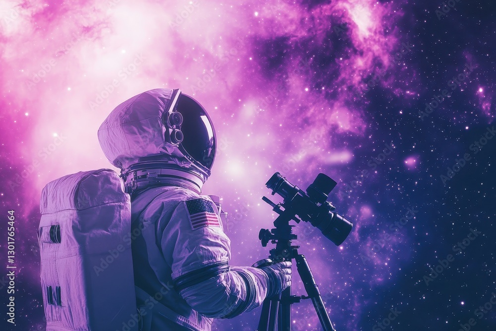 Poster astronaut observing the cosmos with telescope under a mesmerizing galaxy backdrop at night. generati
