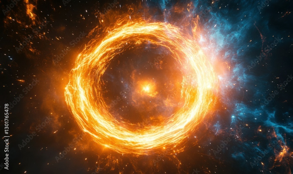 Poster dynamic glowing orange and blue cosmic nebula illuminated by radiant light, creating a powerful and 