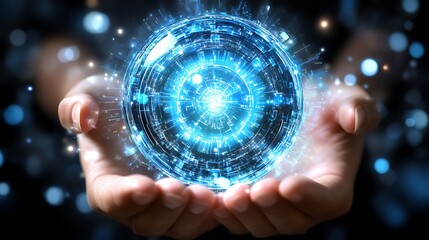 Hands are holding a glowing blue sphere of digital data