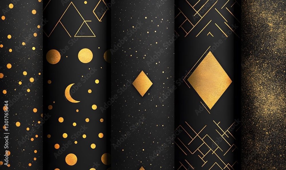 Poster elegant dark background with golden geometric shapes and sparkle texture patterns