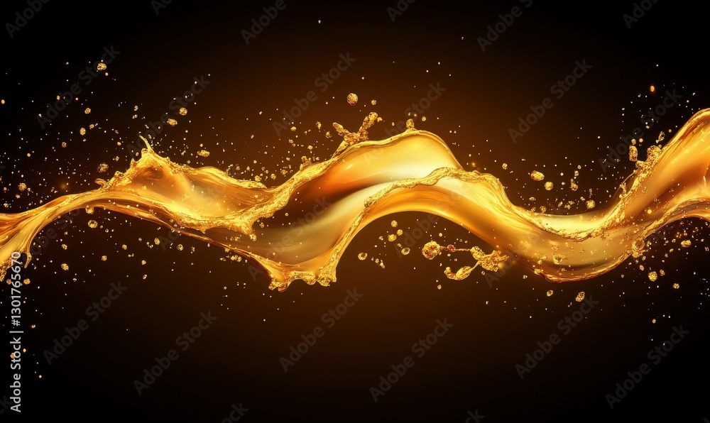 Poster dynamic splash of golden liquid against a dark background illuminated by glowing light, creating an 