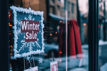 Festive winter sale sign adorned with snowflakes inviting shoppers to explore seasonal deals in a bustling urban area. Generative AI