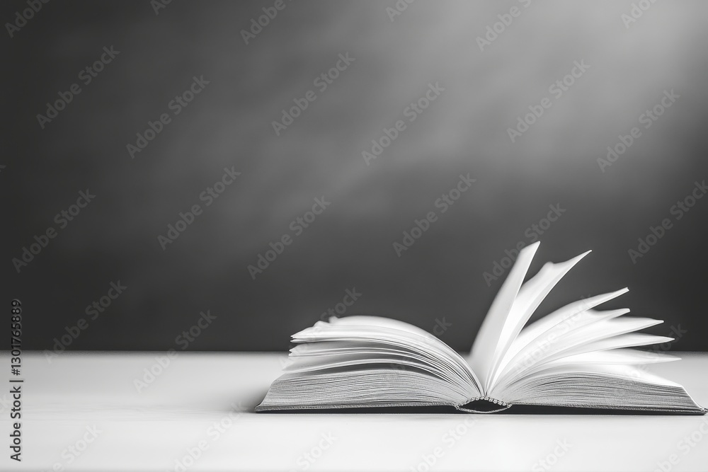 Poster discovering knowledge through the pages of an open book on a table with soft light creating a serene
