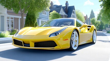 Sporty yellow car driving through suburban neighborhood automotive photography daylight