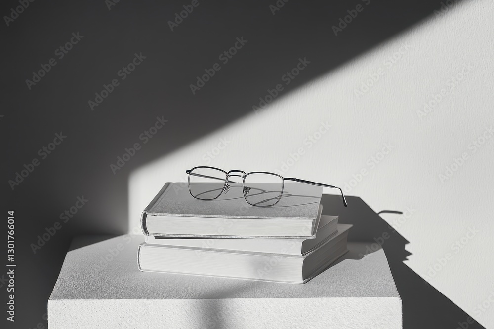 Aufkleber elegant glasses resting atop a stack of books in minimalist setting showcasing natural light and sha