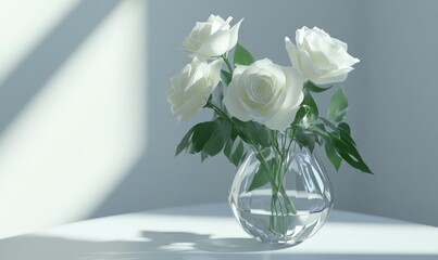 Fresh white roses arranged in a minimalist glass vase, soft natural light emphasizing their delicate petals and timeless beauty