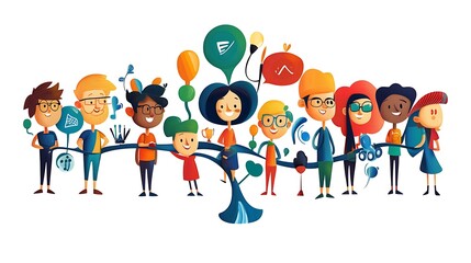 Obraz premium Diverse Kids Connected: A Vibrant Hand-Drawn Illustration of Unity AI Generated