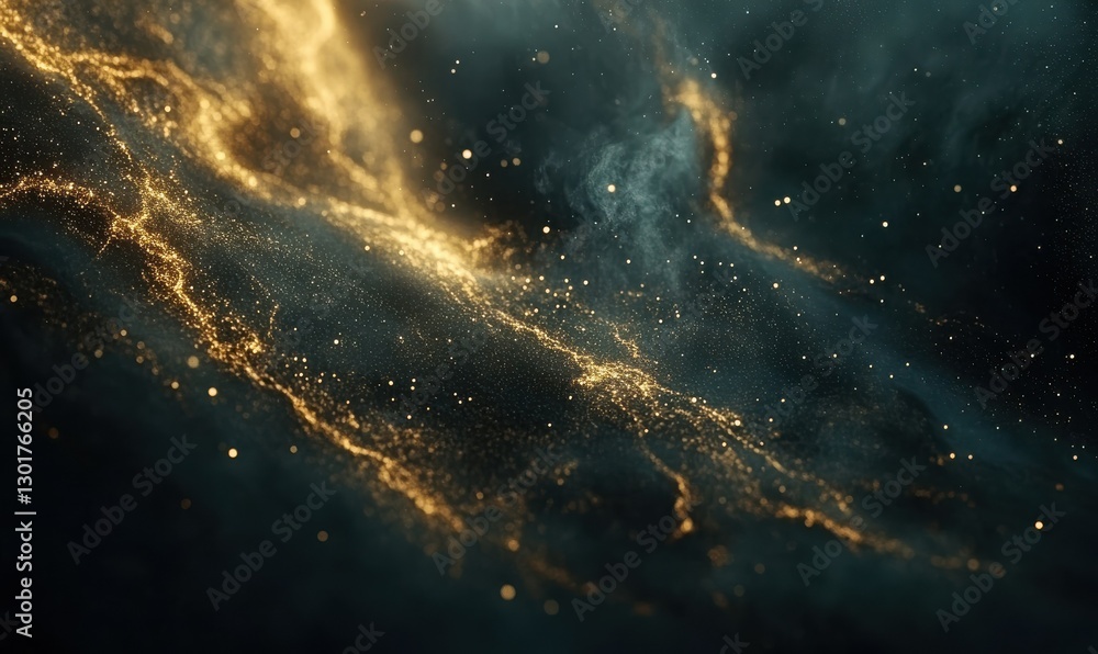 Poster glittering gold light particles scattered dynamically on a dark background, creating depth and a ric