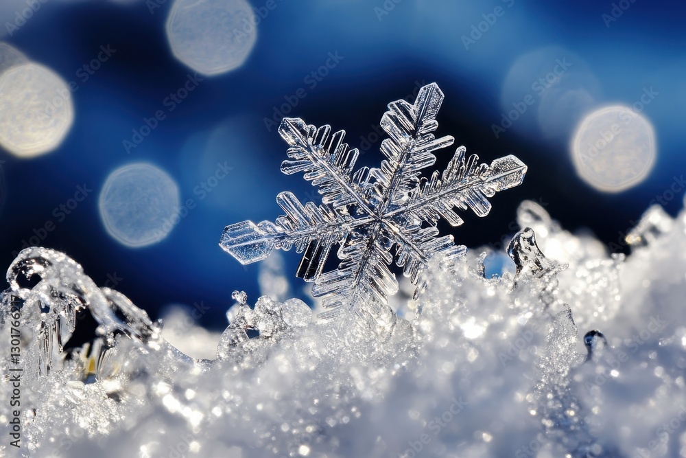 Poster captivating snowflake resting on a shimmering layer of fresh snow under a winter sky. generative ai