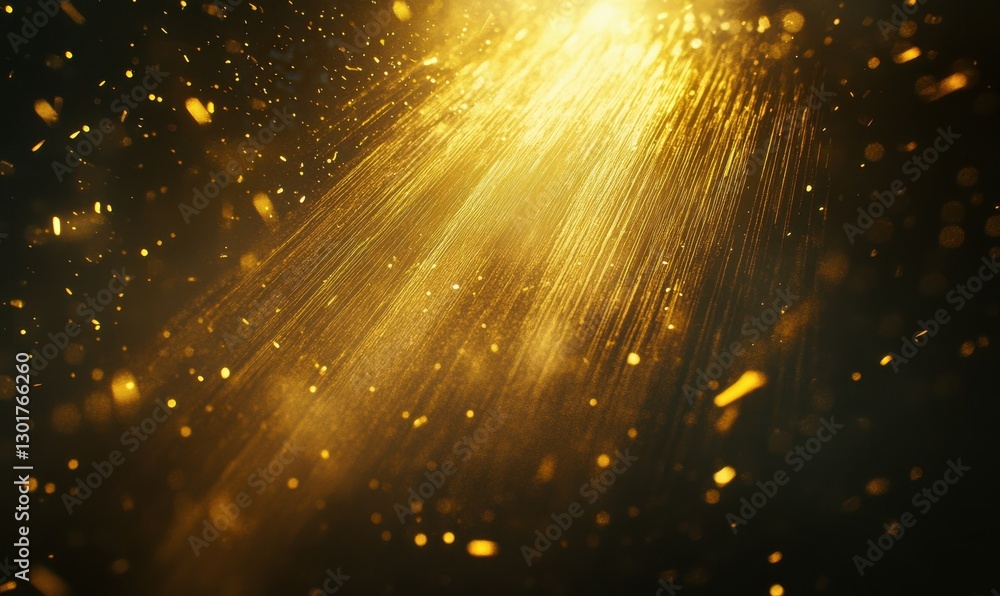 Aufkleber glowing golden light rays breaking through a dark background, with scattered shimmering particles cr
