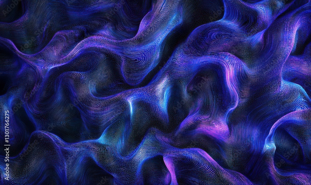 Poster glowing blue and purple digital lights creating a dynamic abstract pattern, symbolizing the future o