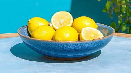 Fresh Yellow Lemons in Vibrant Bowl Against Bright Blue Background