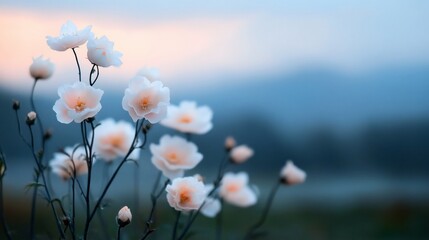 White flowers sunset field landscape