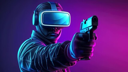 A futuristic soldier with blue neon accents aims their weapon while wearing VR glasses, set against a striking purple backdrop. - Powered by Adobe