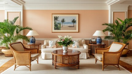 Fototapeta premium A resort concierge lounge with a tropical theme, featuring stylish furniture and fresh floral arrangements.