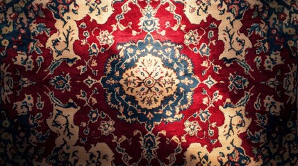Beautiful intricate carpet red blue and cream.