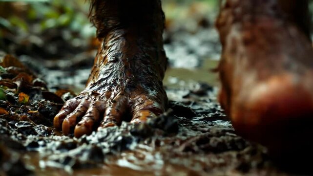 Closeup shot of feet covered in mud walking