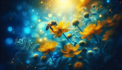 Artistic macro shot showing yellow summer flowers and tiny bee surrounded by glowing blue green foliage