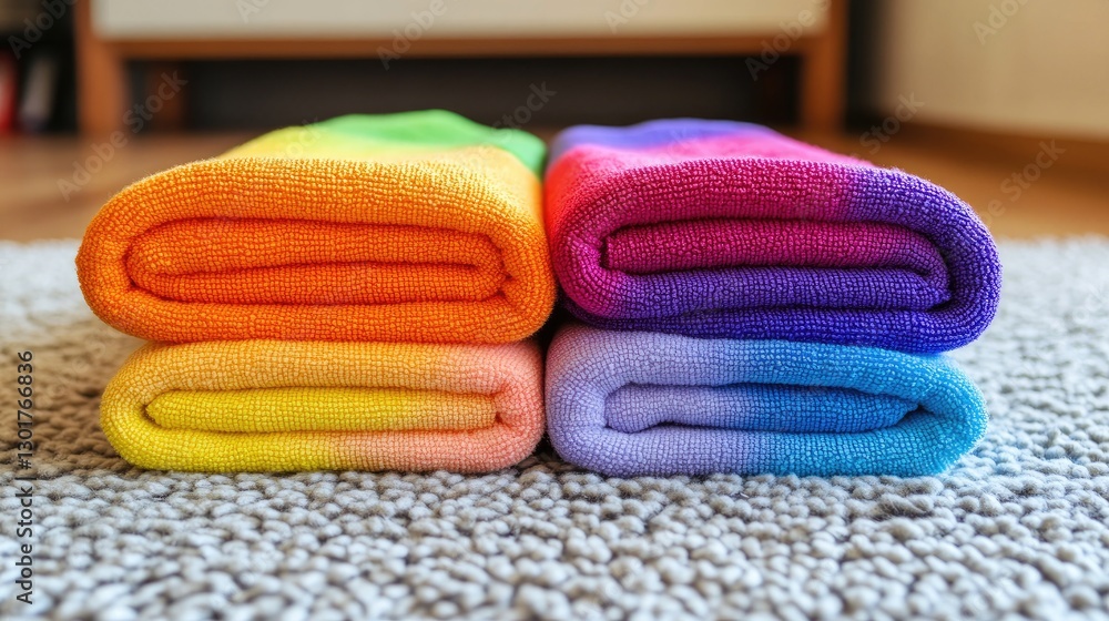 Poster a row of color-coded microfiber cloths neatly folded for efficient housekeeping service.