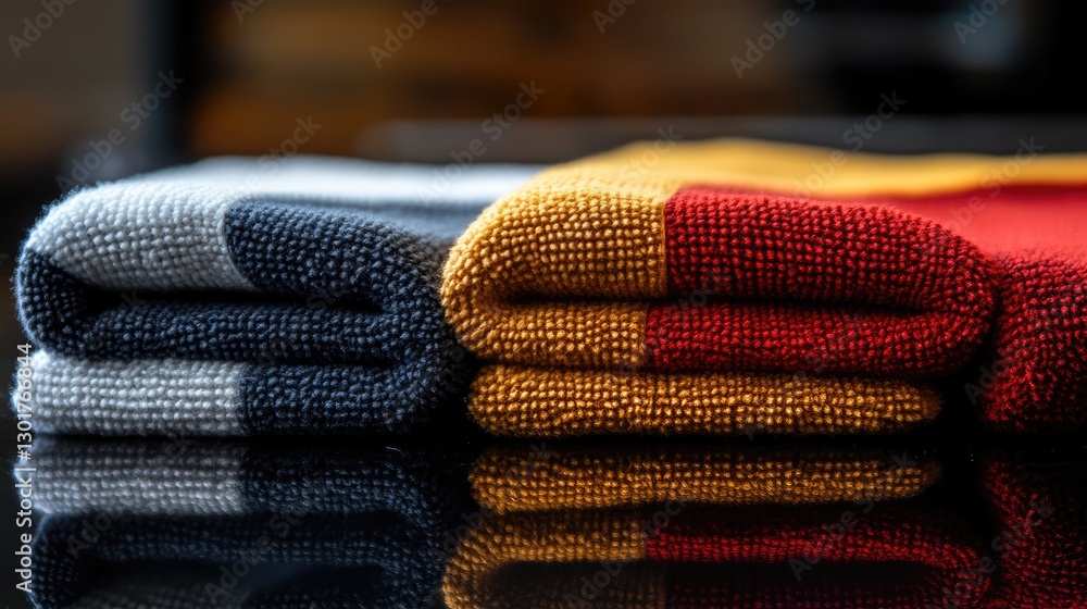 Poster a row of color-coded microfiber cloths neatly folded for efficient housekeeping service.