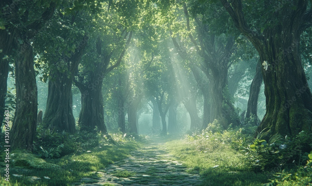Poster misty forest path lined with tall, moss-covered trees and soft sunlight filtering through the canopy