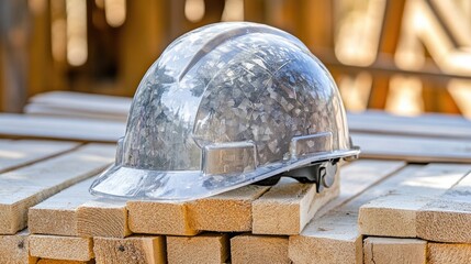 A safety helmet with a clear visor resting on a stack of lumber planks.