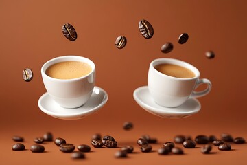 Obraz premium Floating Coffee Cups with Coffee Beans