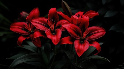 Obraz premium Red lilies blooming dark garden background, floral design