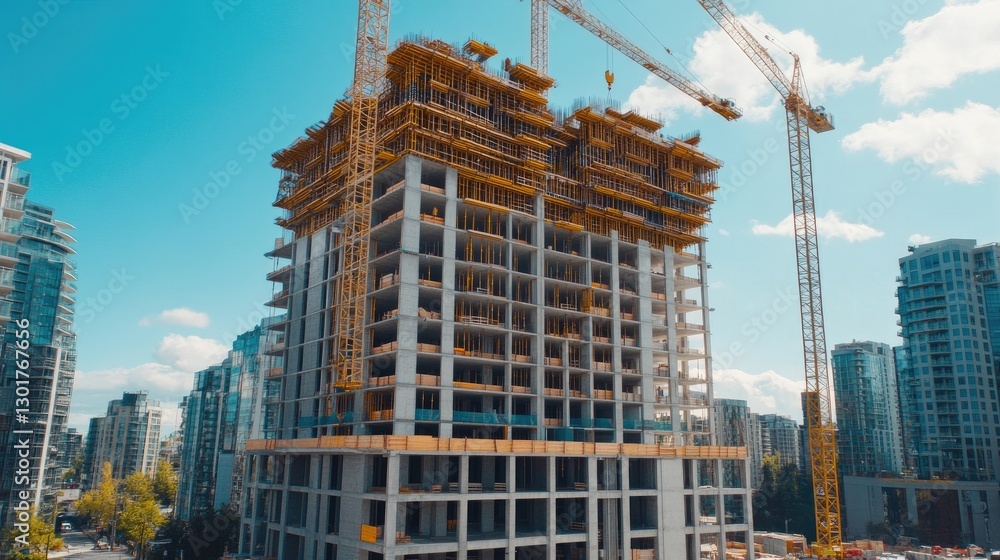 Poster a skyscraper construction blueprint with crane positioning and building material specifications.