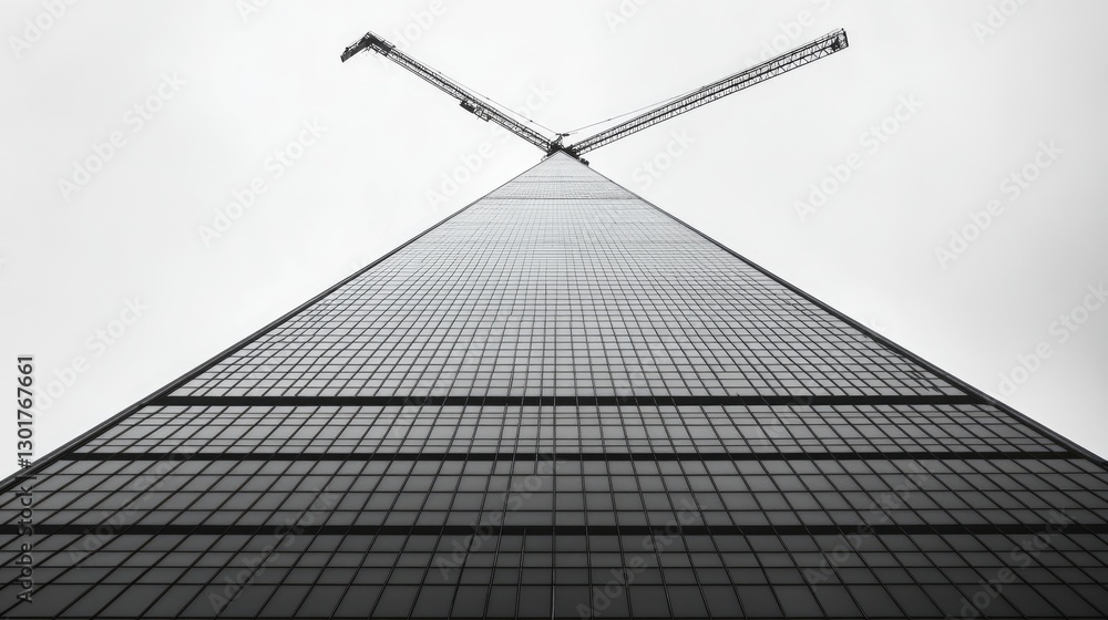 Poster a skyscraper construction blueprint with crane positioning and building material specifications.