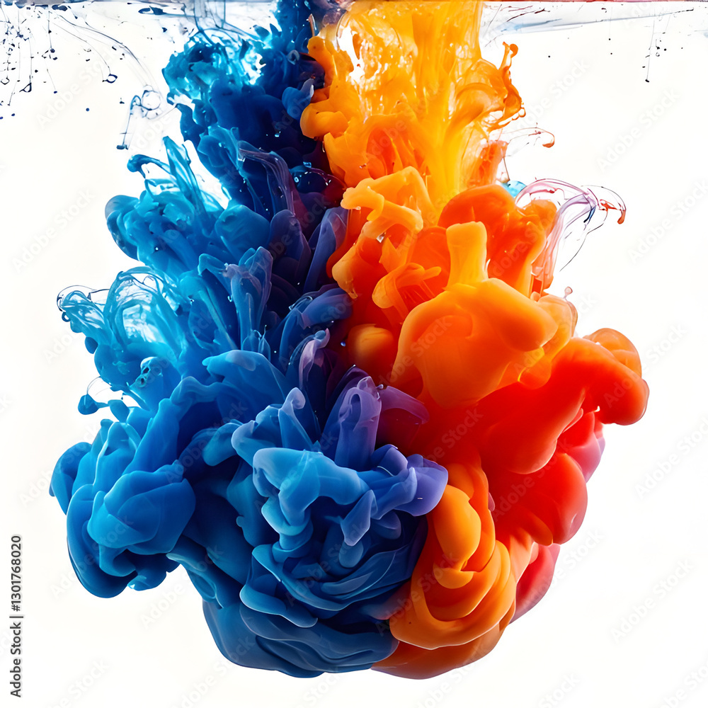 Poster vibrant inks swirl and merge in water, creating a dynamic, abstract form against a white background