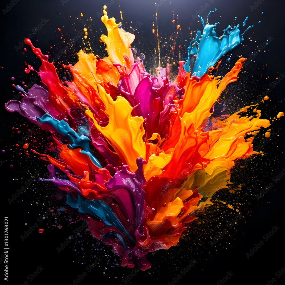 Poster a vibrant paint explosion erupts against a dark backdrop, creating a dynamic burst of color and moti
