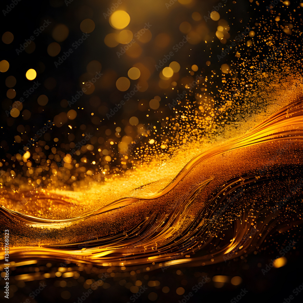 Poster golden waves and shimmering particles flow across a dark expanse, creating a luxurious, abstract eff