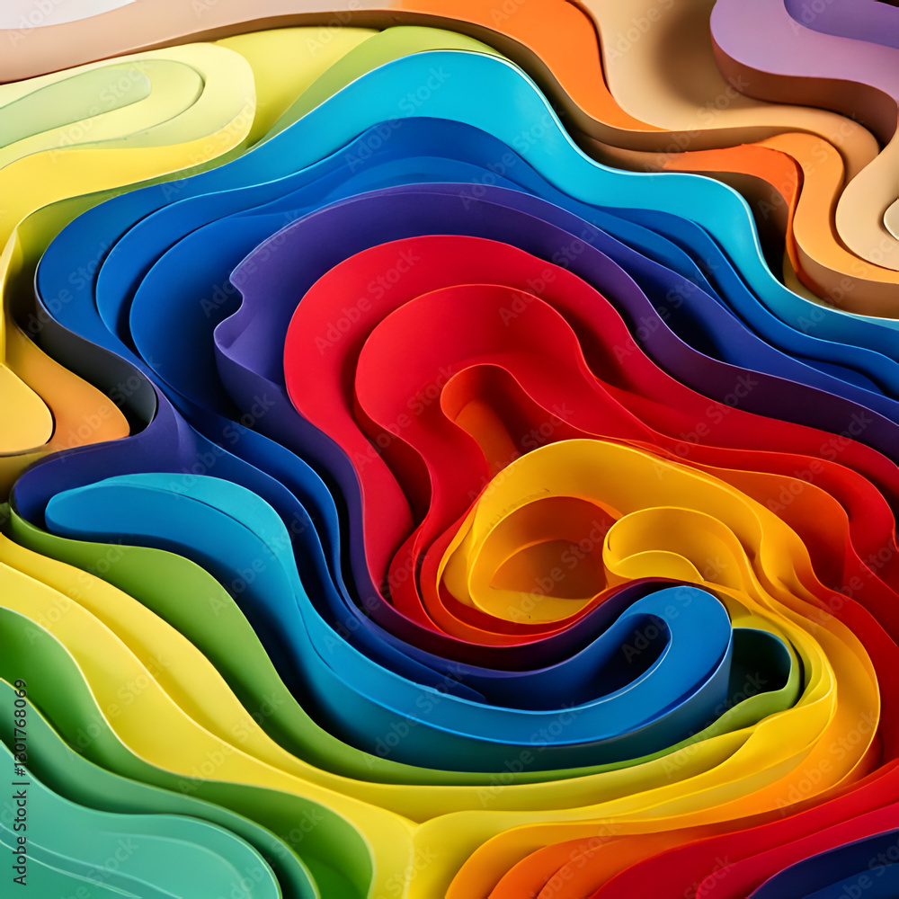 Poster layered, undulating ribbons of vibrant colors create a dynamic, abstract composition with depth and 