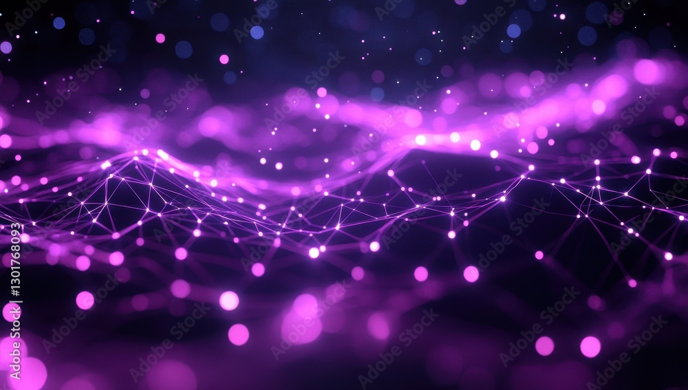 Poster abstract digital background with vibrant purple lights and floating particles creating a depth illus