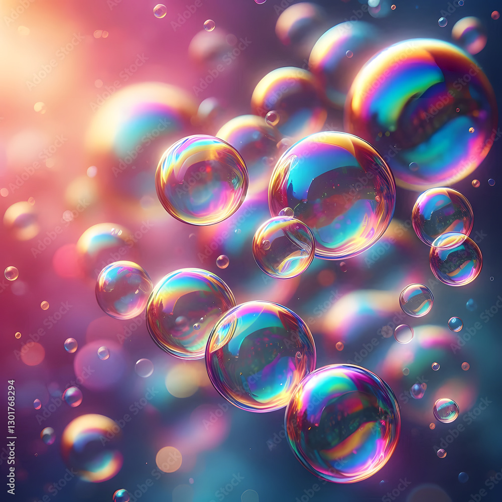 Poster iridescent bubbles float in a vibrant, luminous space, reflecting a spectrum of colors and light