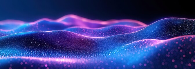 Fototapeta premium Abstract digital landscape with glowing particles and flowing waves in vibrant blue and purple tones, evoking a sense of depth and movement in a cosmic space