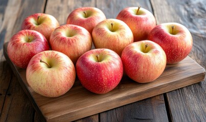 Rustic wooden board with freshly picked apples illuminated by soft natural sunlight, evoking simplicity and freshness in an autumnal composition