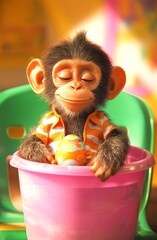 A satisfied little monkey holding an Eastern egg, wearing an orange and white striped shirt sits in a pink plastic bucket, with its mouth closed, surrounded by green chairs, bright colors, and a happy