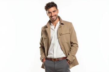 Fototapeta premium Half-Length (Waist-Up) portrait of young stylish smiling Cypriot male model in costume wear isolated on pure white background looking at camera